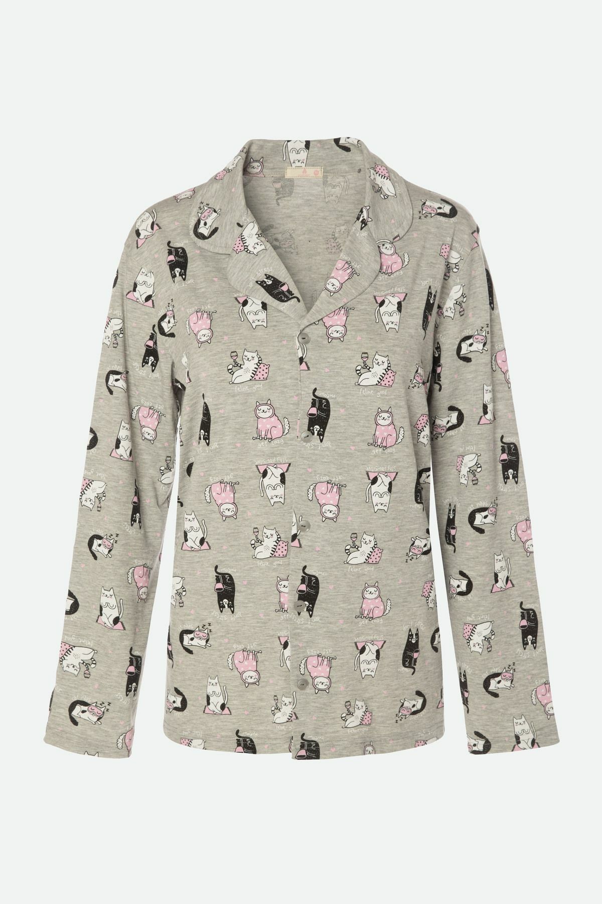 Kadın Gri Melanj Kedi Desenli Uzun Kollu Gömlek Yaka Pijama Takımı Gri Melanj - XL