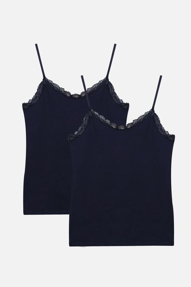 Kadın 2'li Ip Askılı Dantelli - Ayar Halkalı Atlet Lacivert - 2XL