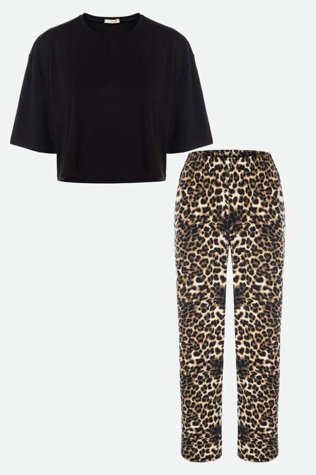 Kadın Pamuklu Siyah Oversize Tişört Alt Leopar Desenli Pijama Takımı XL - Siyah - Kahverengi