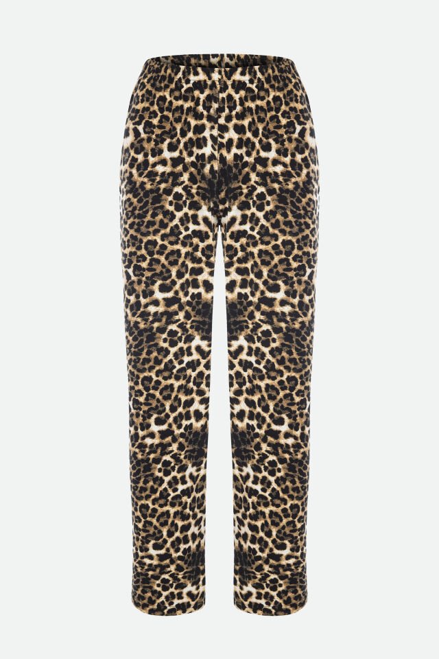Kadın Pamuklu Siyah Oversize Tişört Alt Leopar Desenli Pijama Takımı XL - Siyah - Kahverengi