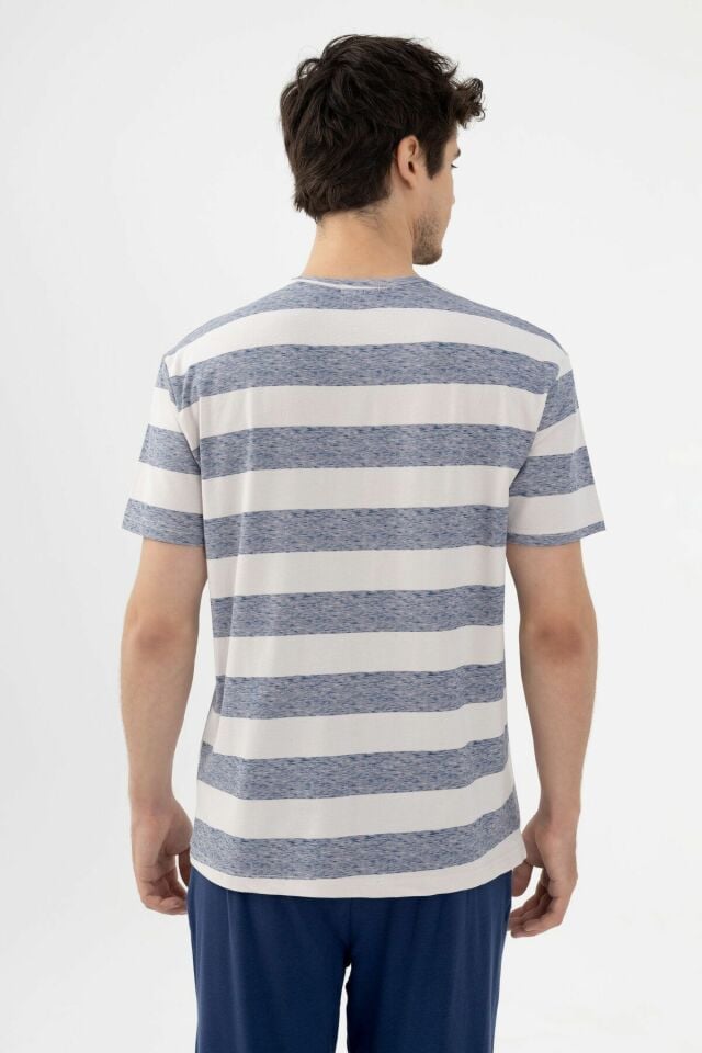 Erkek Pamuklu Çizgili Desenli Ayıcık Baskılı Kısa Kollu Pijama Takımı Ekru-Gri-Lacivert - 2XL
