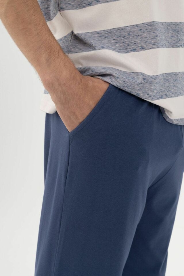 Erkek Pamuklu Çizgili Desenli Ayıcık Baskılı Kısa Kollu Pijama Takımı Ekru-Gri-Lacivert - 2XL