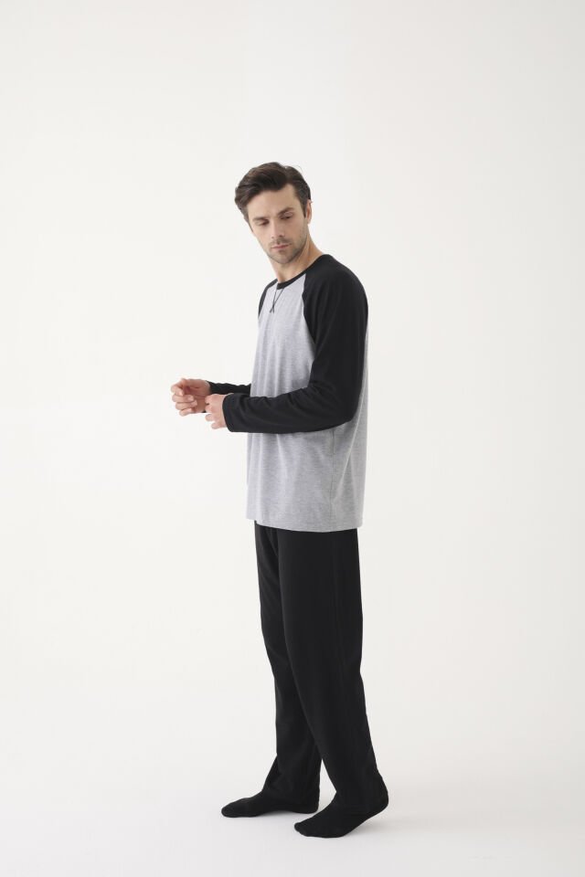 Erkek Pamuklu Siyah - Gri Uzun Kollu Cepli Pijama Takımı L - Gri - Siyah