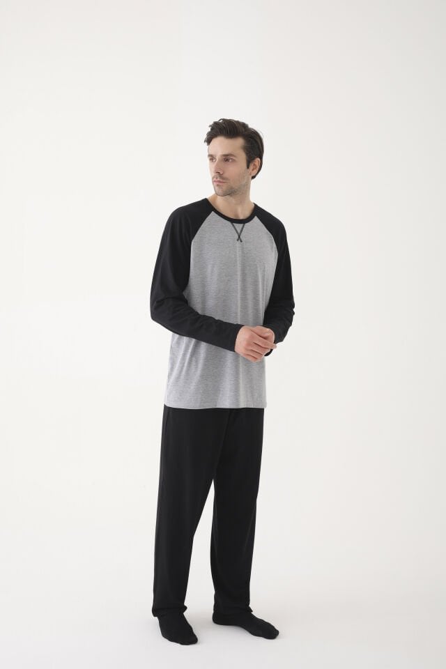 Erkek Pamuklu Siyah - Gri Uzun Kollu Cepli Pijama Takımı L - Gri - Siyah