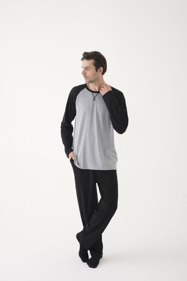 Erkek Pamuklu Siyah - Gri Uzun Kollu Cepli Pijama Takımı L - Gri - Siyah