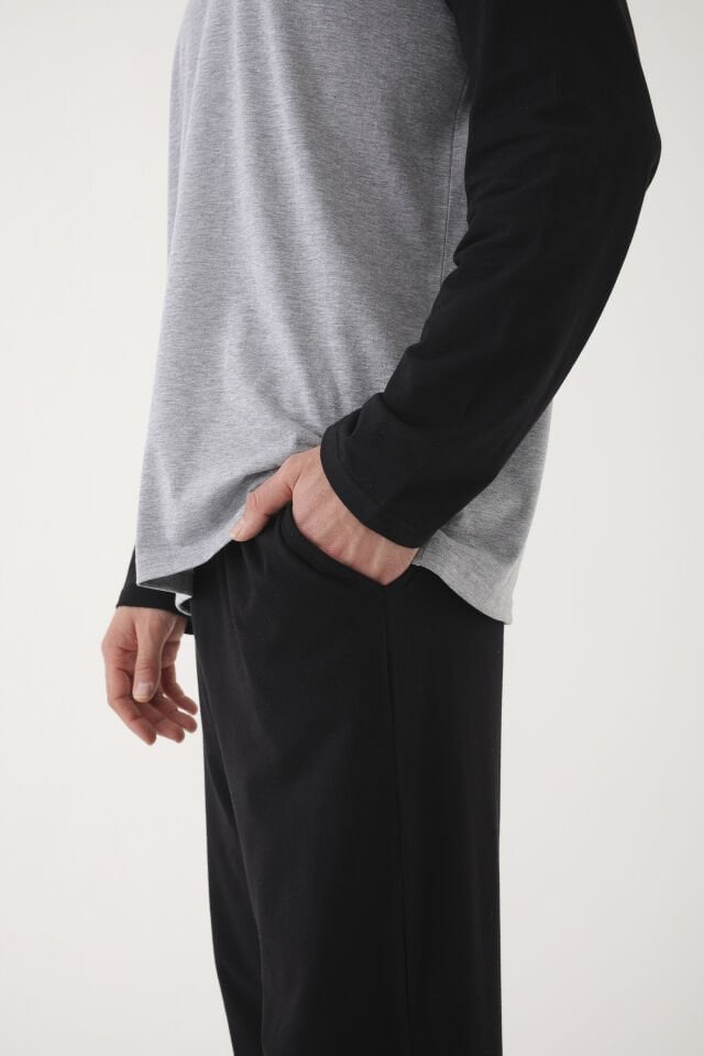 Erkek Pamuklu Siyah - Gri Uzun Kollu Cepli Pijama Takımı L - Gri - Siyah