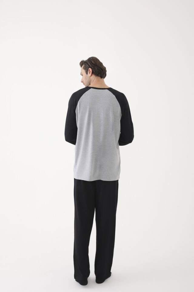 Erkek Pamuklu Siyah - Gri Uzun Kollu Cepli Pijama Takımı XL - Gri - Siyah