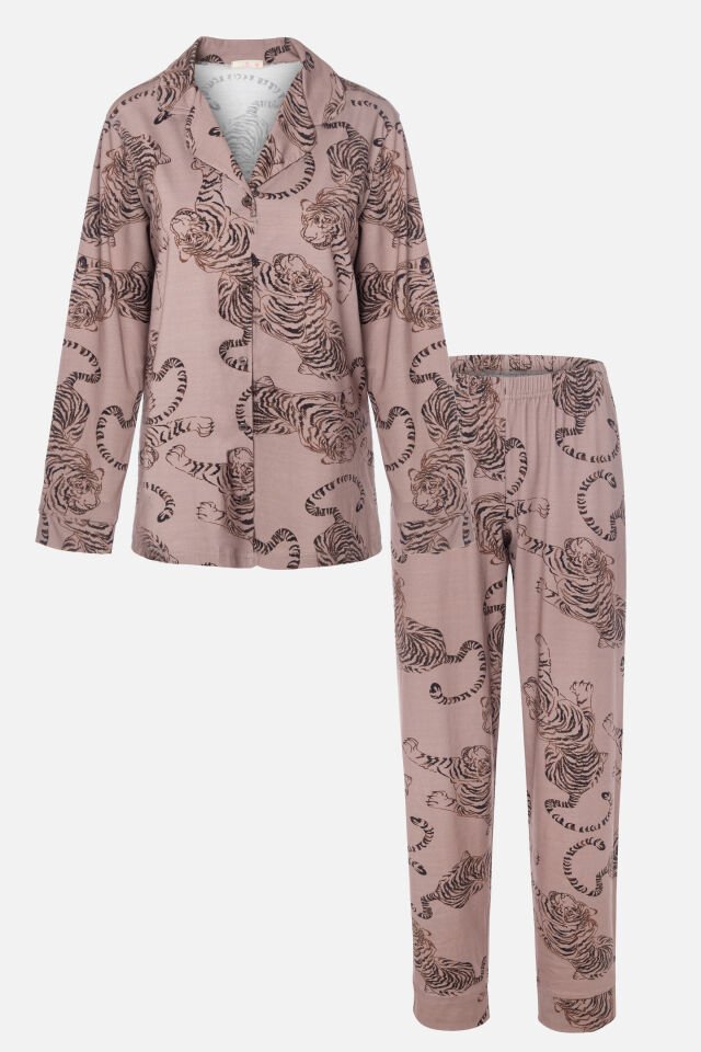 Kadın Pamuklu Kaplan Desenli Gömlek Yaka Uzun Kollu Pijama Takımı L - Vizon