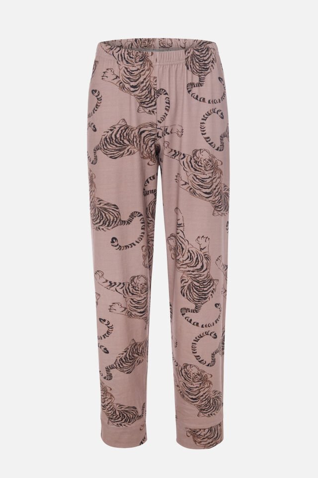 Kadın Pamuklu Kaplan Desenli Gömlek Yaka Uzun Kollu Pijama Takımı L - Vizon
