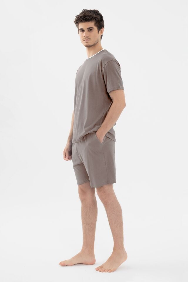 Erkek Double Yaka Şortlu Pijama Takımı M - Bej