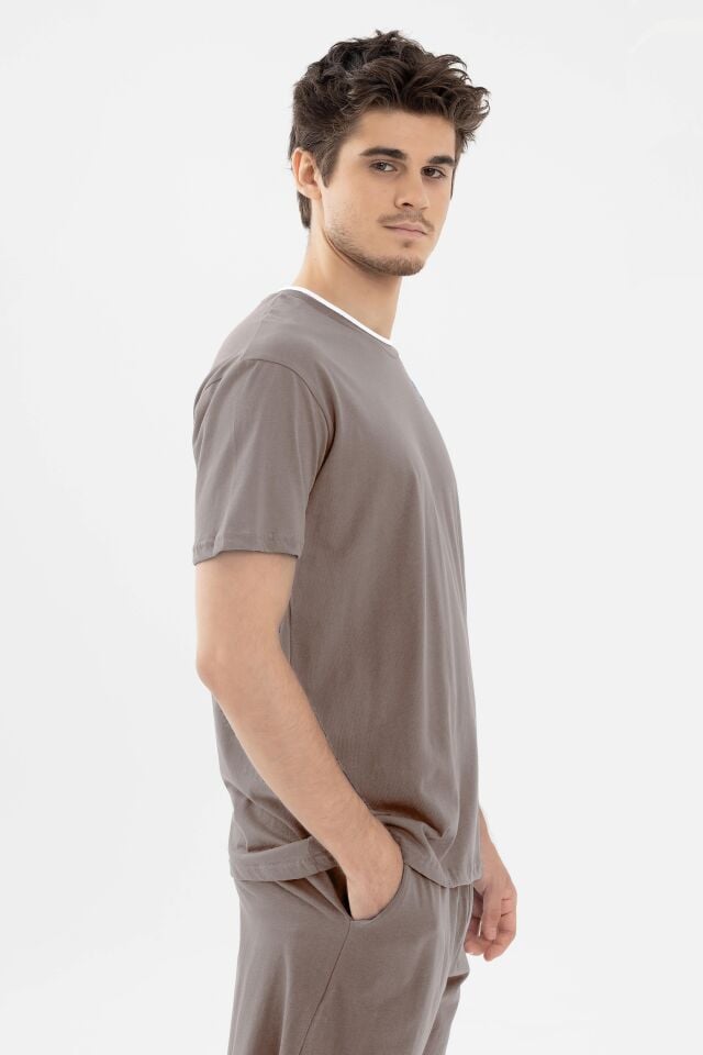 Erkek Double Yaka Şortlu Pijama Takımı M - Bej