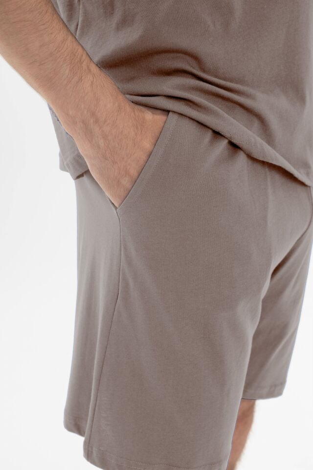 Erkek Double Yaka Şortlu Pijama Takımı M - Bej