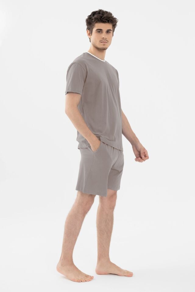 Erkek Double Yaka Şortlu Pijama Takımı 2XL - Bej