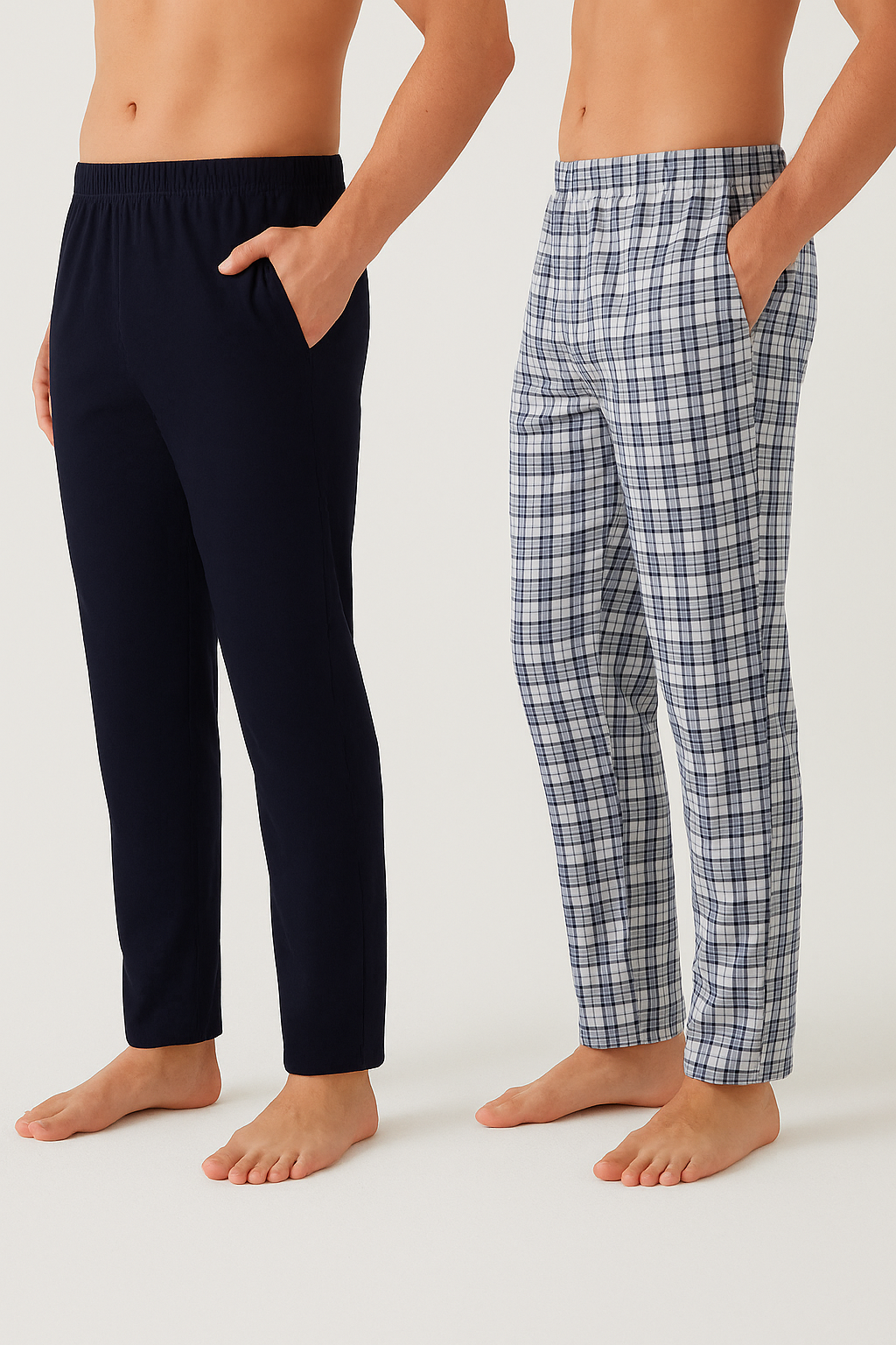 Erkek Pamuklu Ekose-Lacivert 2'li Tek Alt Pijama 2XL