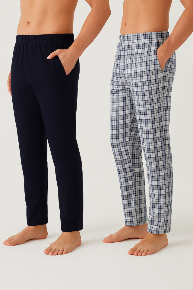 Erkek Pamuklu Ekose-Lacivert 2'li Tek Alt Pijama 2XL - Lacivert- Ekru