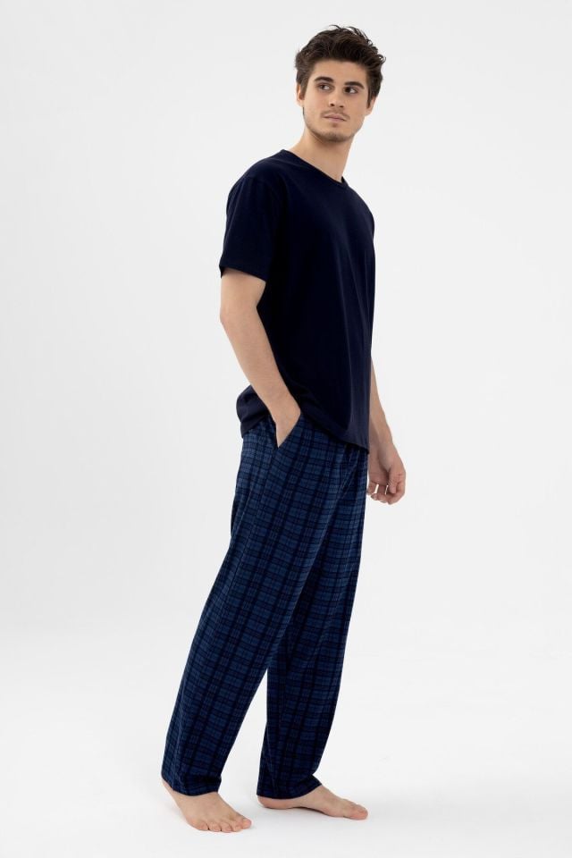 Erkek Pamuklu Kısa Kollu Lacivert Ekose Desenli Cep Detaylı Pijama Takımı Lacivert - S