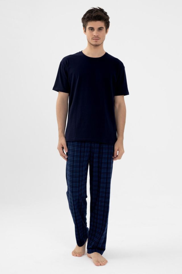 Erkek Pamuklu Kısa Kollu Lacivert Ekose Desenli Cep Detaylı Pijama Takımı Lacivert - S
