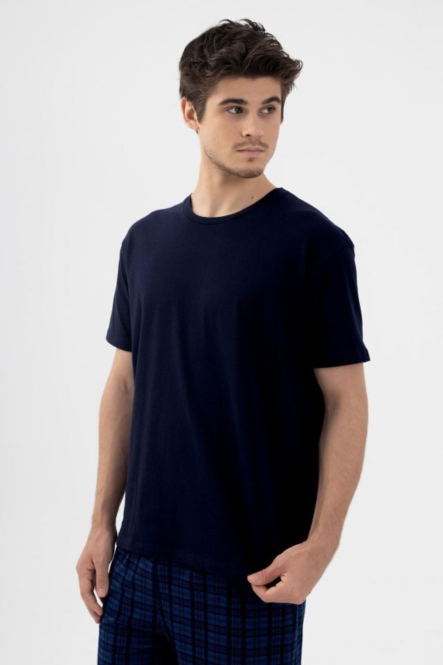 Erkek Pamuklu Kısa Kollu Lacivert Ekose Desenli Cep Detaylı Pijama Takımı Lacivert - S