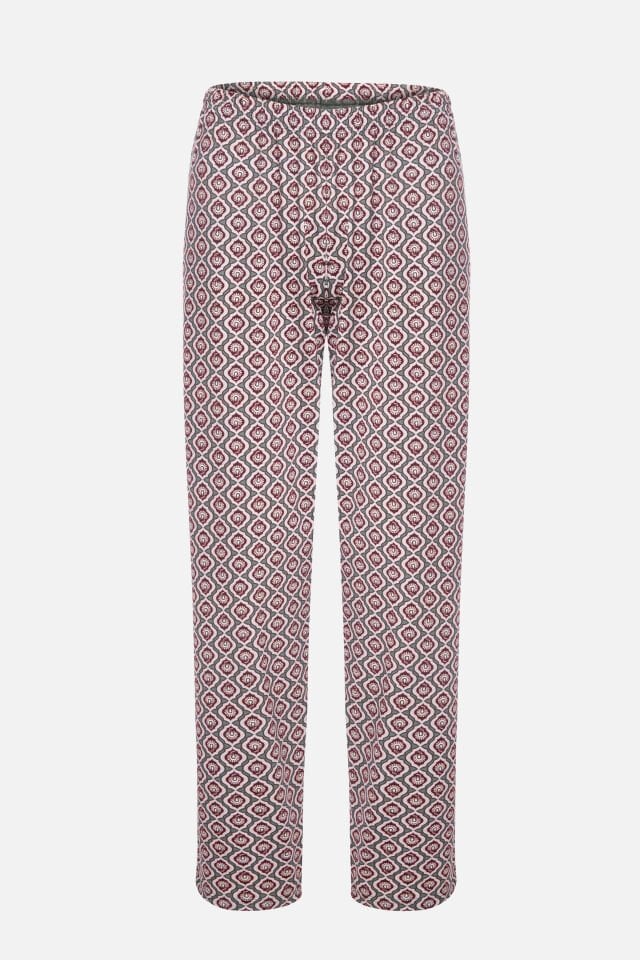 Kadın Pamuklu V Yaka Biye Detaylı Alt Desenli Uzun Kollu Pijama Takımı 2XL - Pudra - Kahverengi