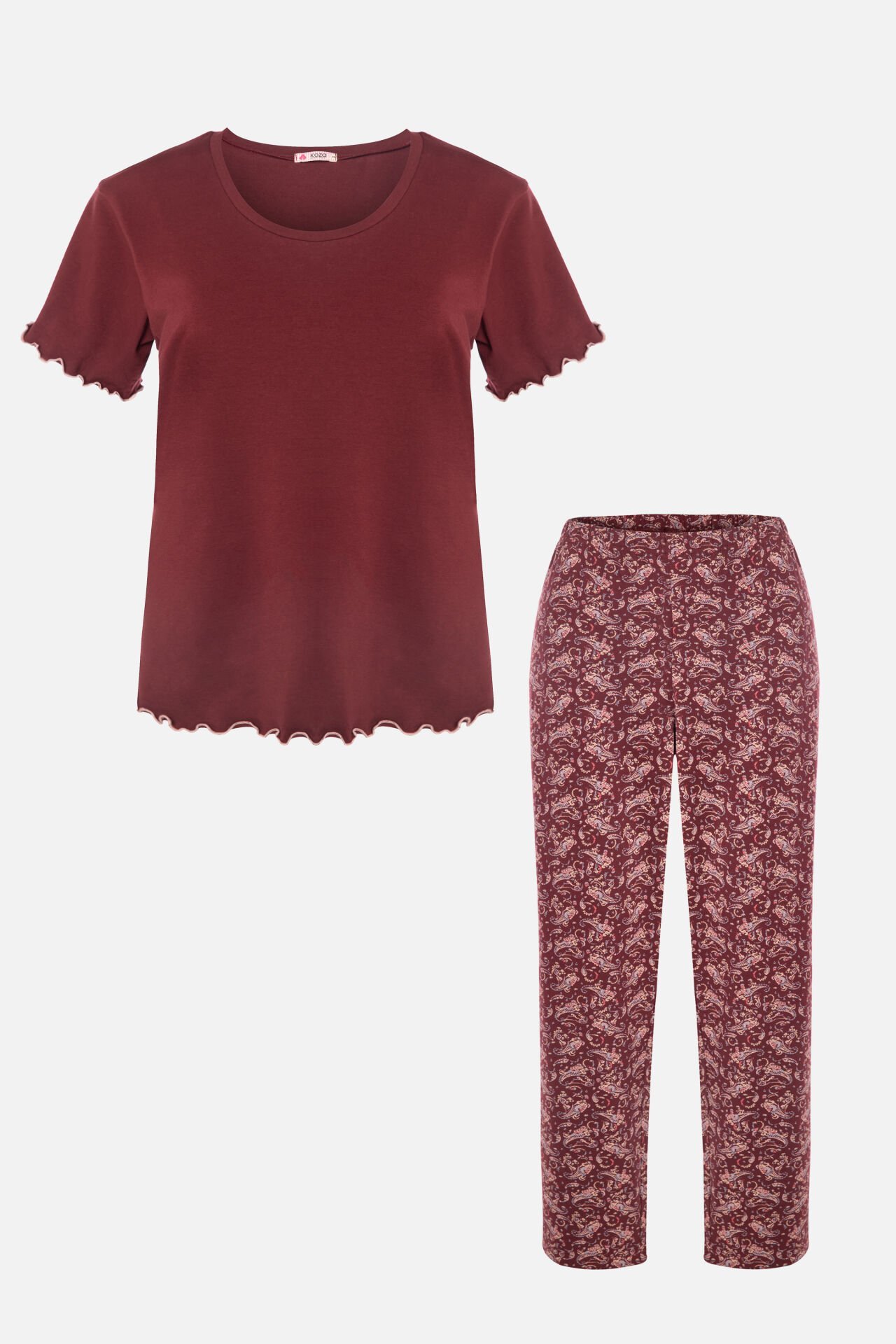 Kadın Pamuklu Alt Desenli Curve Pijama Takımı 2XL - Bordo - Kahve