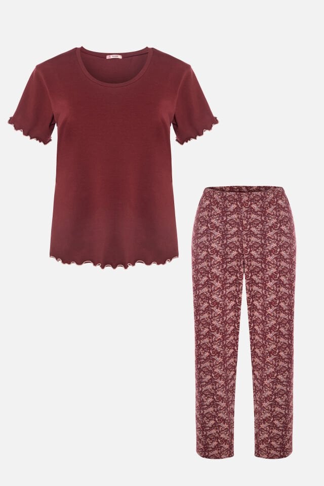 Kadın Pamuklu Alt Desenli Curve Pijama Takımı 2XL - Bordo - Kahve