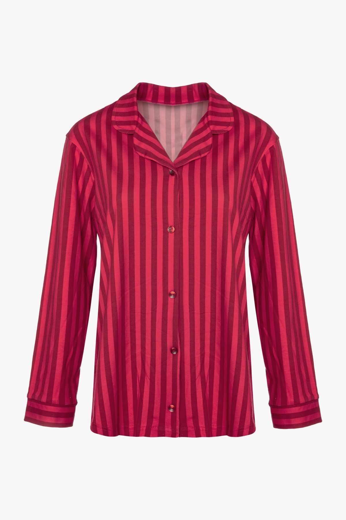 Kadın Pamuklu Kırmızı Çizgili Gömlek Yaka Uzun Kollu Pijama Takımı Desenli - XL