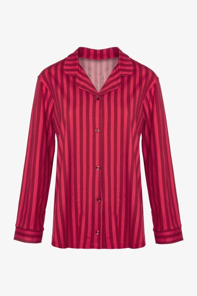 Kadın Pamuklu Kırmızı Çizgili Gömlek Yaka Uzun Kollu Pijama Takımı Desenli