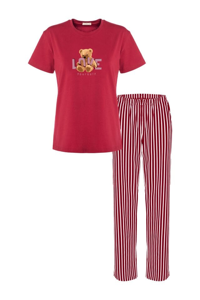 Kadın Kısa Kollu Pamuklu Desenli Pijama Takımı XL - Kırmızı - Kahverengi
