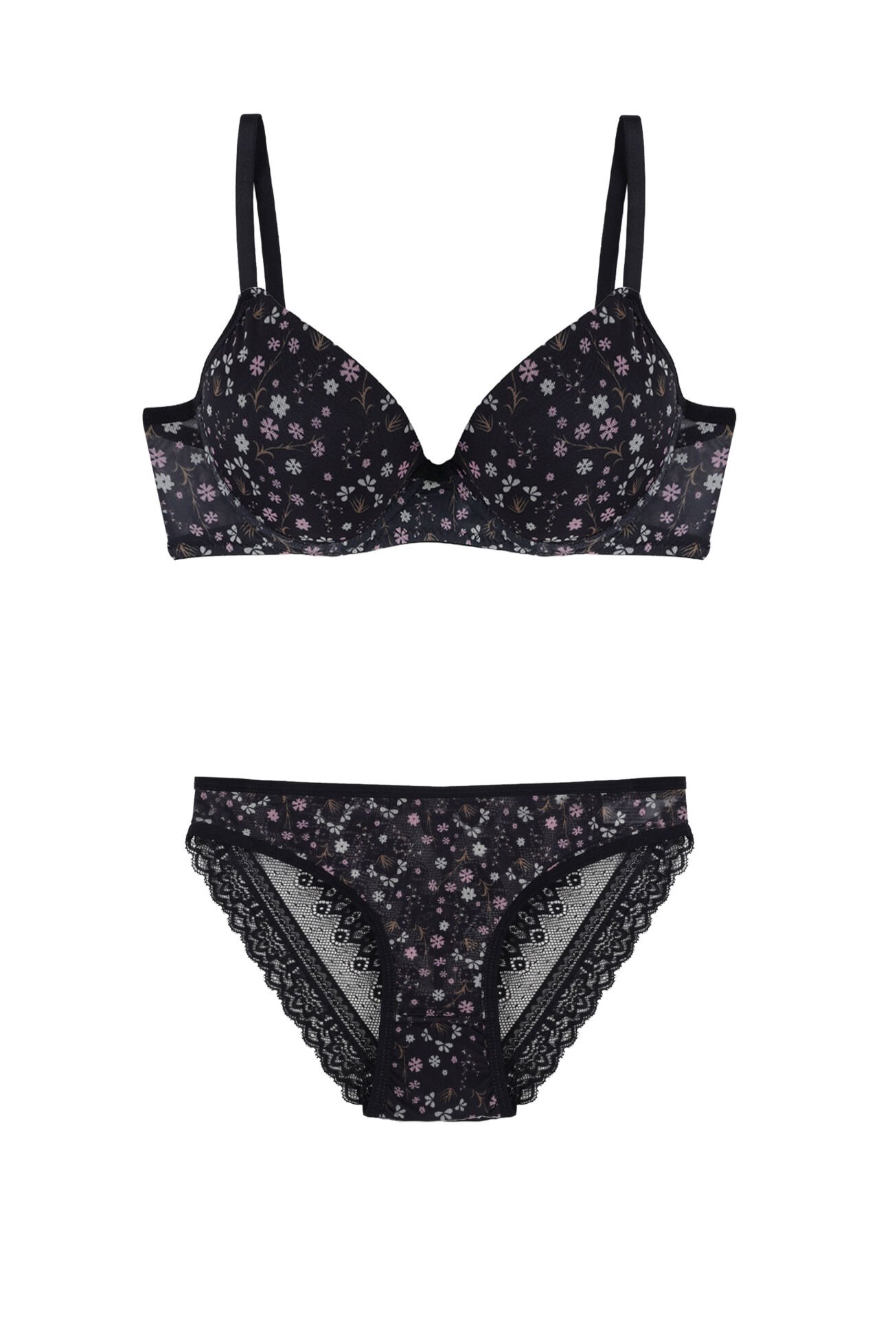 Kadın Çiçekli Destekli/Dolgulu Sütyen Takım Siyah - Mavi - 75B