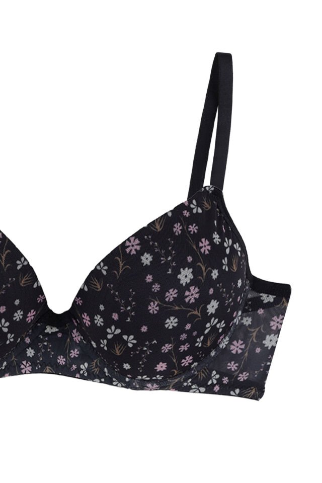 Kadın Çiçekli Destekli/Dolgulu Sütyen Takım Siyah - Mavi - 75B