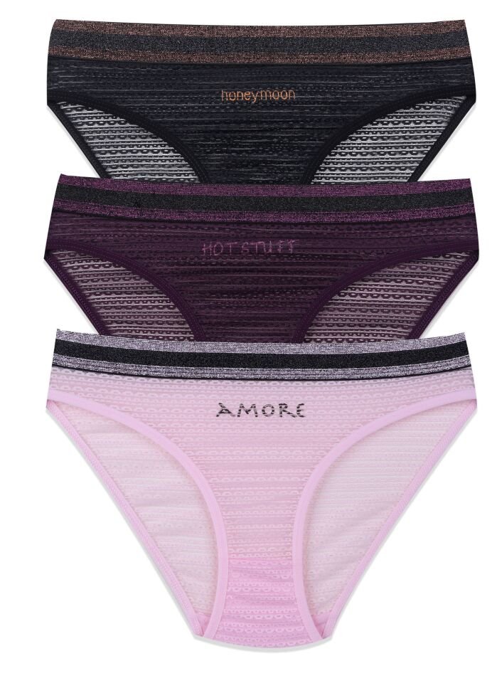 Kadın 3'lü Dantelli - Baskılı Külot Pembe - Mor - M-L