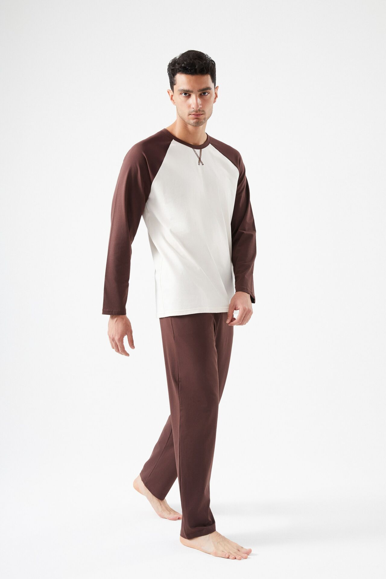 Erkek Pamuklu Uzun Kollu Cepli Pijama Takımı Kahverengi - Ekru - M