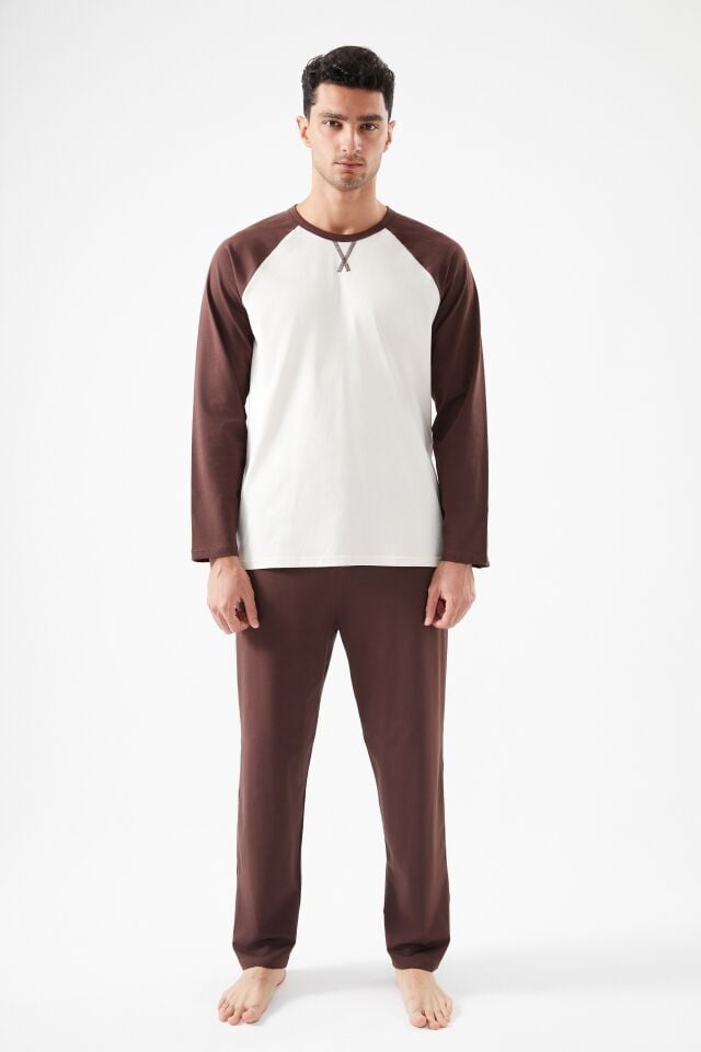 Erkek Pamuklu Uzun Kollu Cepli Pijama Takımı Kahverengi - Ekru - M