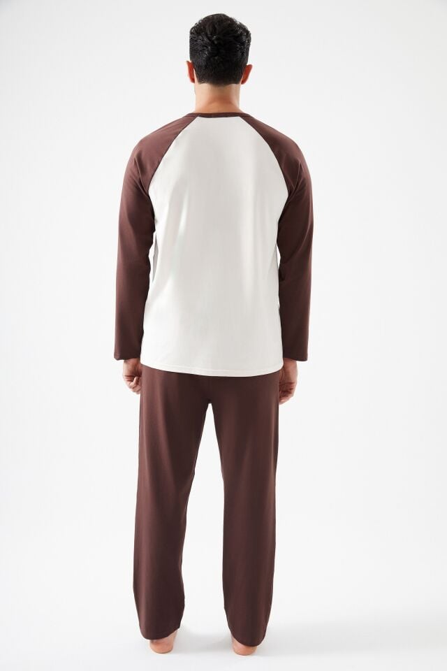 Erkek Pamuklu Uzun Kollu Cepli Pijama Takımı Kahverengi - Ekru - M