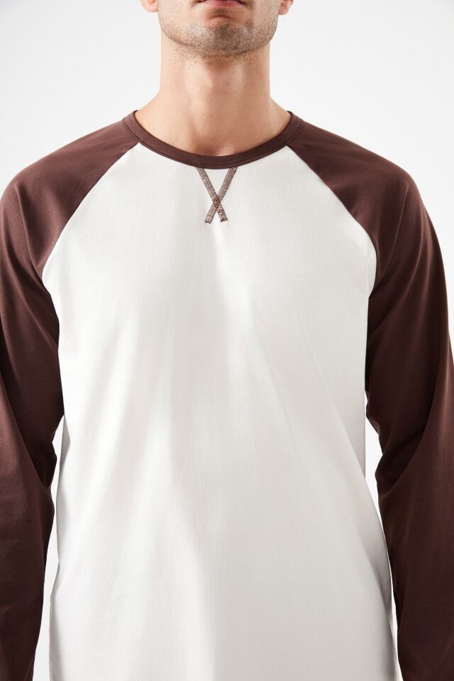 Erkek Pamuklu Uzun Kollu Cepli Pijama Takımı Kahverengi - Ekru - M