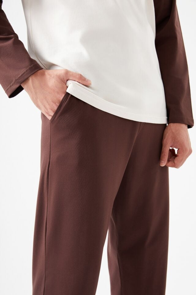 Erkek Pamuklu Uzun Kollu Cepli Pijama Takımı Kahverengi - Ekru - M