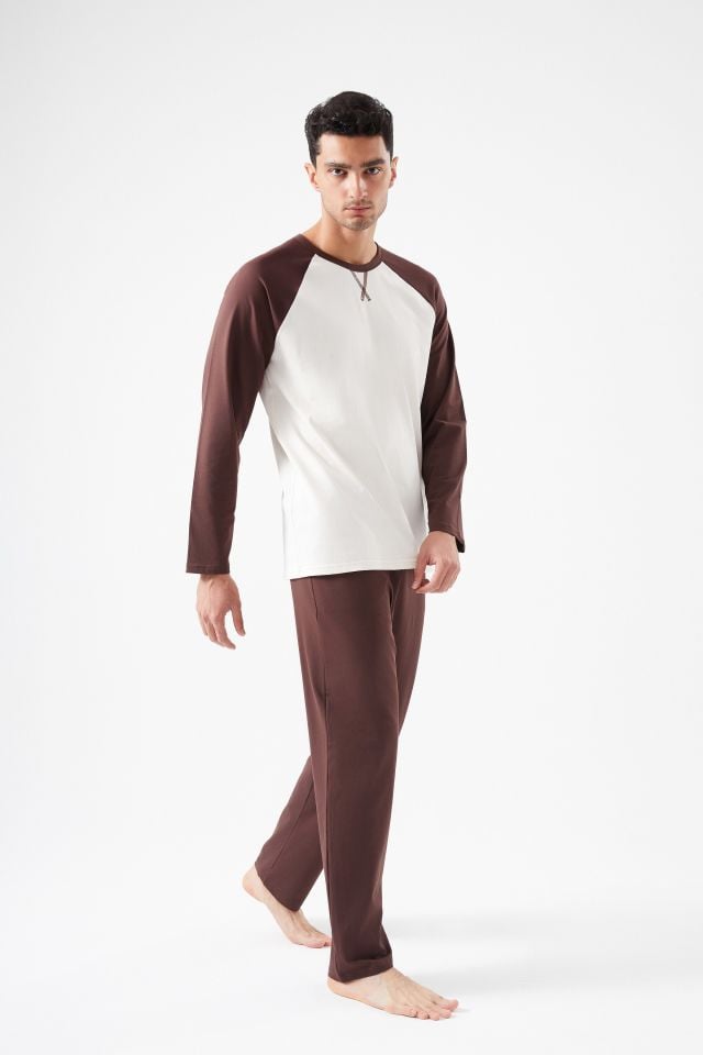 Erkek Pamuklu Uzun Kollu Cepli Pijama Takımı Kahverengi - Ekru - 2XL