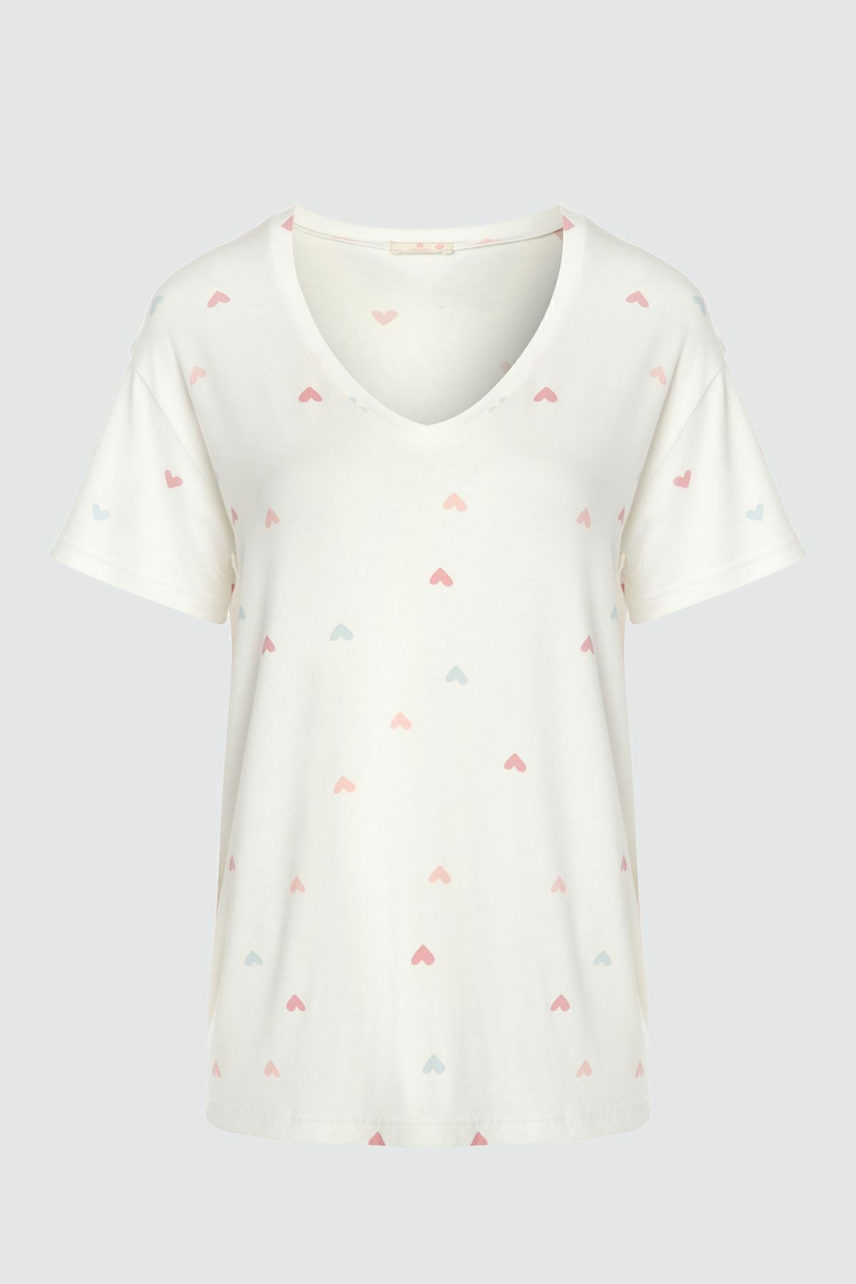 Kadın Kısa Kollu Viskon Kalp Desenli Şortlu Pijama Takımı KO70101 Kalp Desen - XL