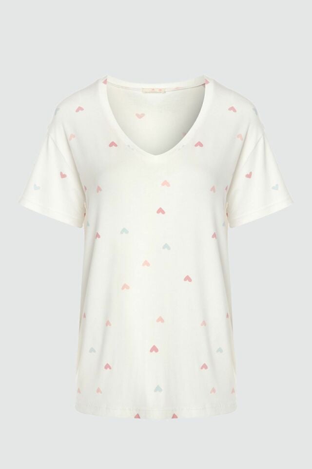 Kadın Kısa Kollu Viskon Kalp Desenli Şortlu Pijama Takımı KO70101 Kalp Desen