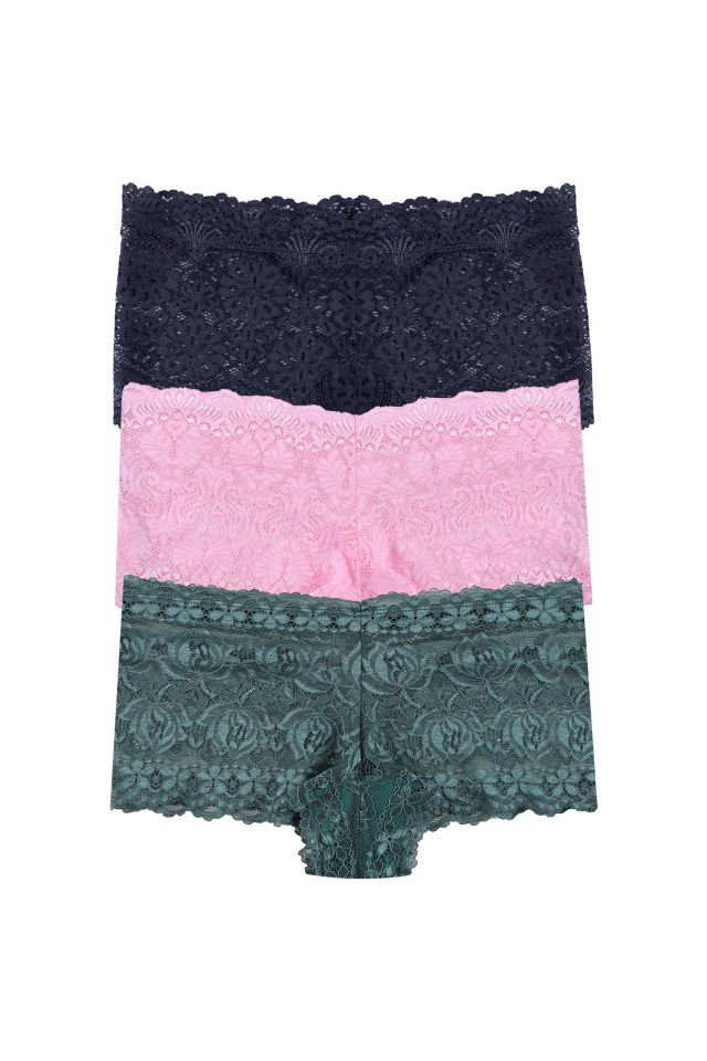 Kadın 3'lü Dantelli Boxer Külot (FARKLI DANTEL SEÇENEKLERİ) Yeşil - Pembe - L-XL