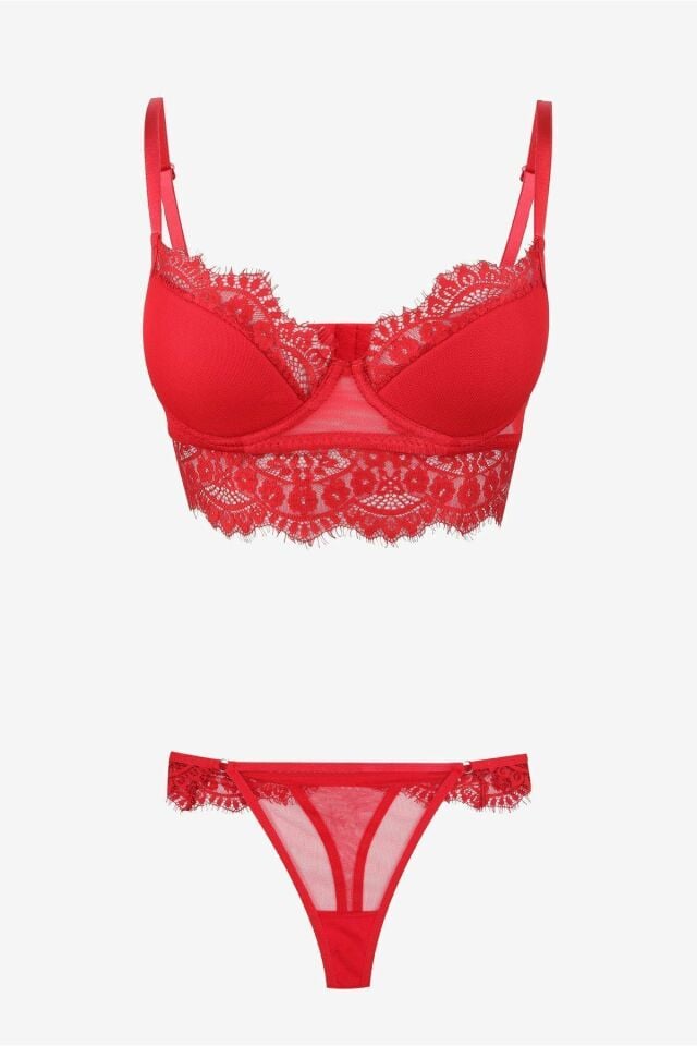 Dantelli Tüllü Fantazi Sütyen Takım Kırmızı - 75B