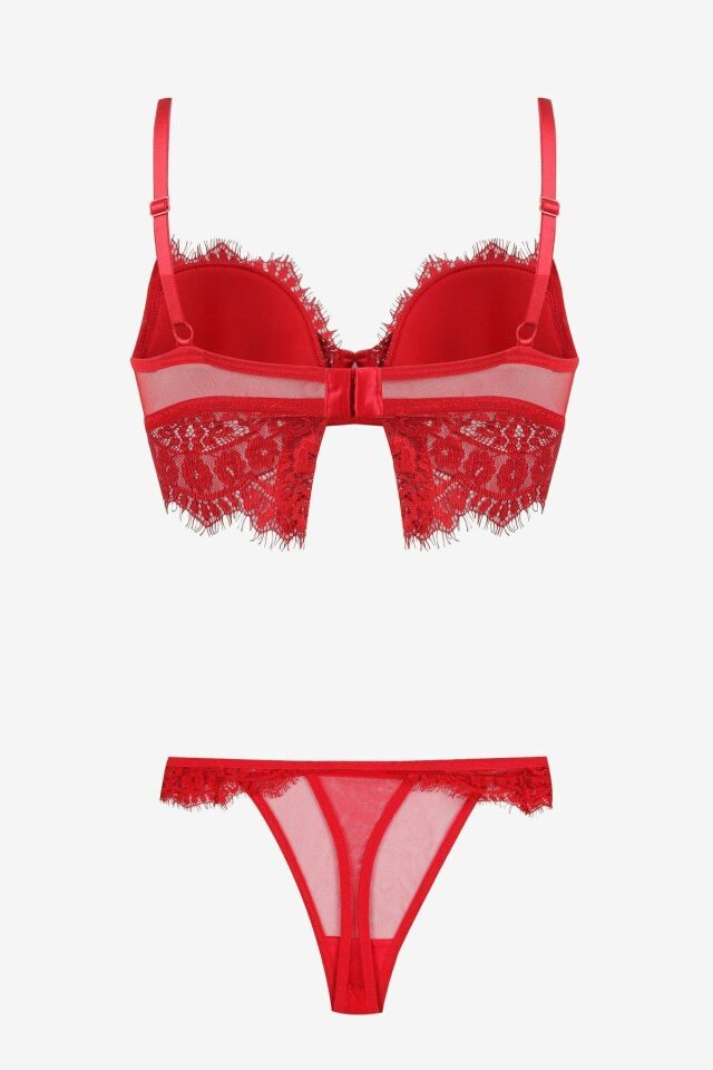Dantelli Tüllü Sütyen Takım Kırmızı - 75B