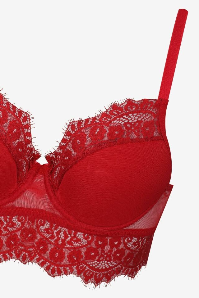 Dantelli Tüllü Sütyen Takım Kırmızı - 75B