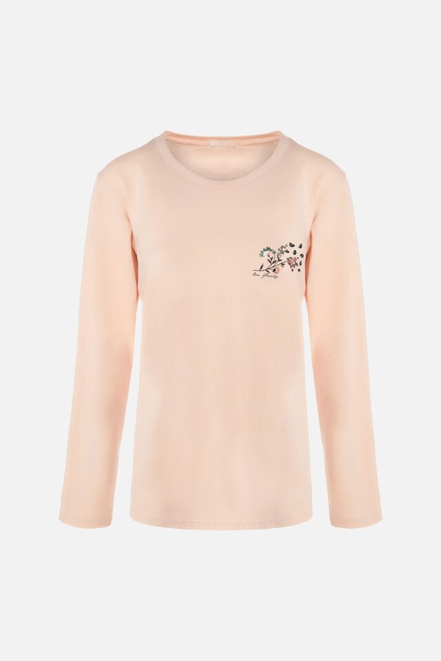 Kadın Pamuklu Çiçek Desenli Basic Pijama Takımı L - Pudra - Siyah