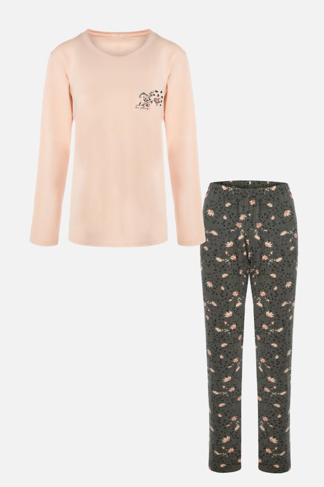 Kadın Pamuklu Çiçek Desenli Basic Pijama Takımı 2XL - Pudra - Siyah