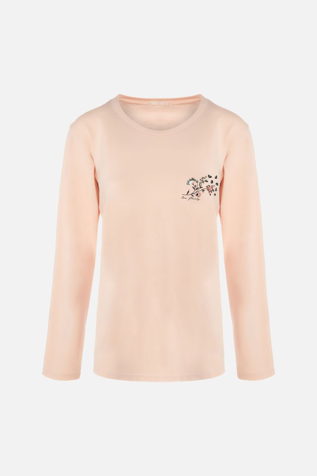 Kadın Pamuklu Çiçek Desenli Basic Pijama Takımı 2XL - Pudra - Siyah