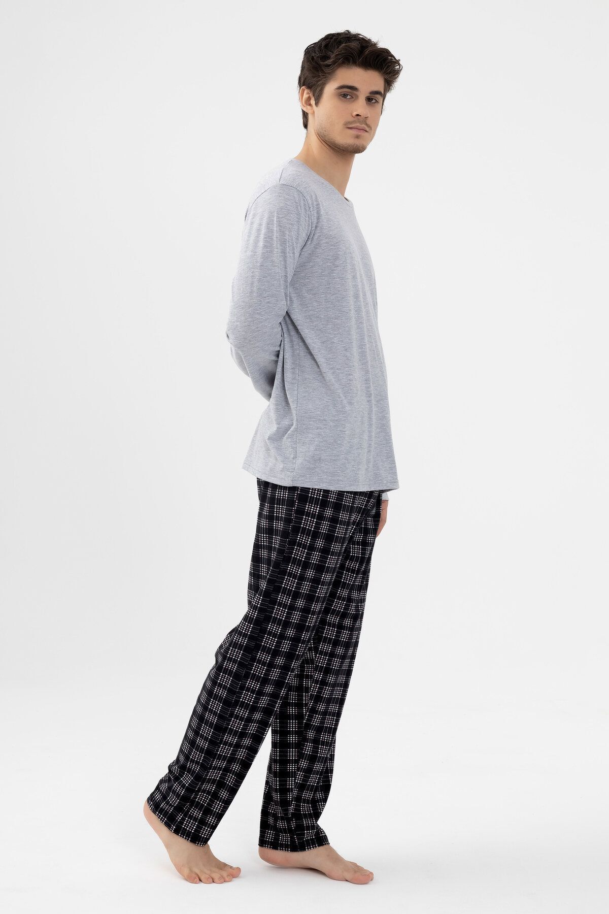 Erkek Likralı Uzun Kollu Gri Melanj Ekose Desenli Cep Detaylı Pijama Takımı Gri Melanj -  Siyah - S