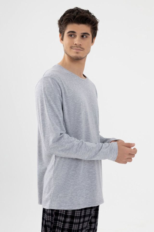 Erkek Likralı Uzun Kollu Gri Melanj Ekose Desenli Cep Detaylı Pijama Takımı Gri Melanj -  Siyah - S