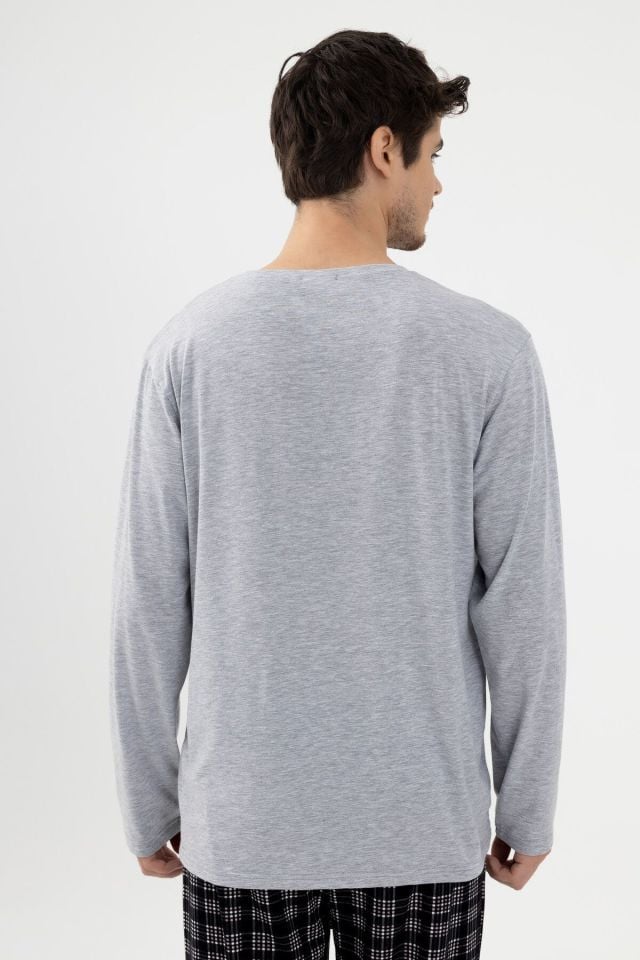 Erkek Likralı Uzun Kollu Gri Melanj Ekose Desenli Cep Detaylı Pijama Takımı Gri Melanj -  Siyah - S