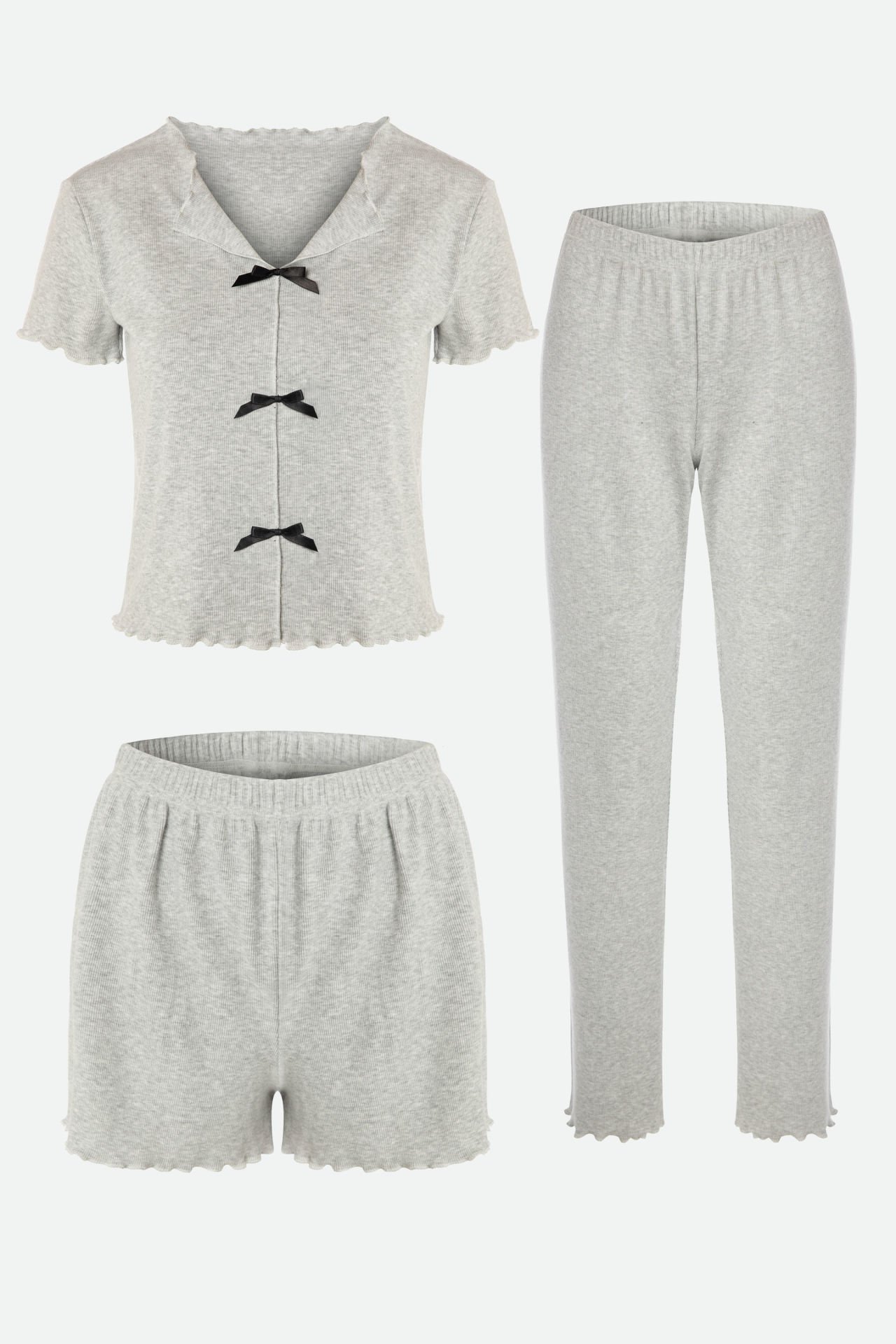Kadın Pamuklu 3'lü Yeşil Fiyonklu Kaşkorse Pijama Takımı XL - Gri - Siyah